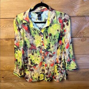 Ali Miles Top Women M Colorful Artsy Button Up Long Sleeve Top‎ Sheer multicolor